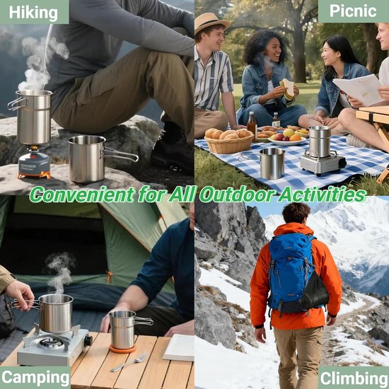 304 RVS Opvouwbare Camping Kookset - Mokken & Kamp Pan met Ventielendeksel - Lichtgewicht Backpacking Kookgerei voor Jagen & Outdoor — afbeelding 2