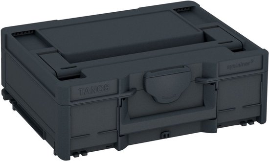 Donkergrijze Tanos Systainer³ M 137 opbergkoffer met handvat en gespen.