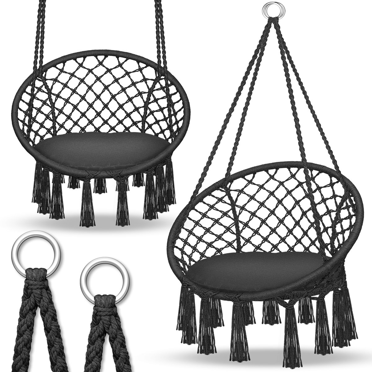 tillvex Hangstoel 150 kg met 2 stalen ringen | Hangstoel voor binnen en buiten | Weerbestendig, schommelmand met kussen | Voor woon- en tuin