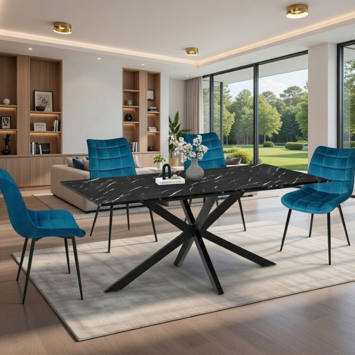 Luxe rechthoekige eettafel Serena voor 8 personen - Zwart metalen frame met open marmeren blad - 160 cm - Stijlvolle moderne designtafel voor keuken, woonkamer en eetkamer Casa Serena