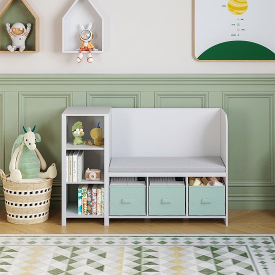 Étagère enfant Høylandet avec banc 76x112x40 cm blanc et vert menthe [en.casa]