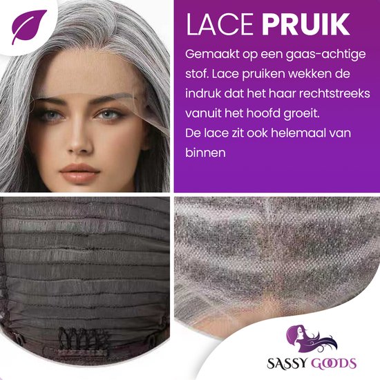 Close-up van een lace pruik met grijs gelaagd haar en de rand van de lace. Een detail toont de binnenkant van de pruik.
