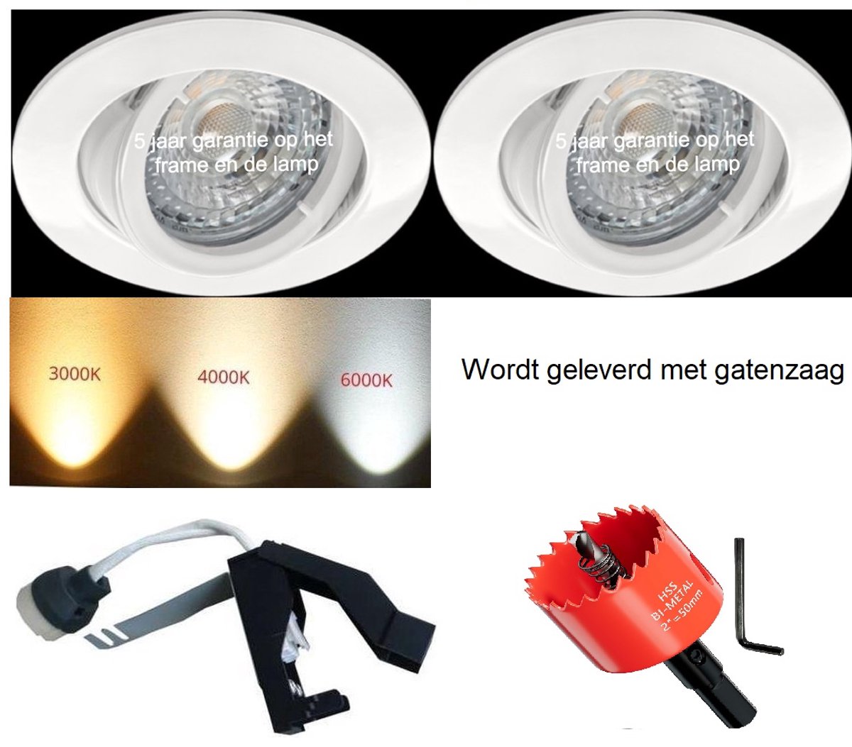 Witte LED Inbouwspots Set van 2 met Gatenzaag – Dimbaar – GU10 – 4000K Cool Wit – 230V – Kantelbaar – Sparing 68-76 mm