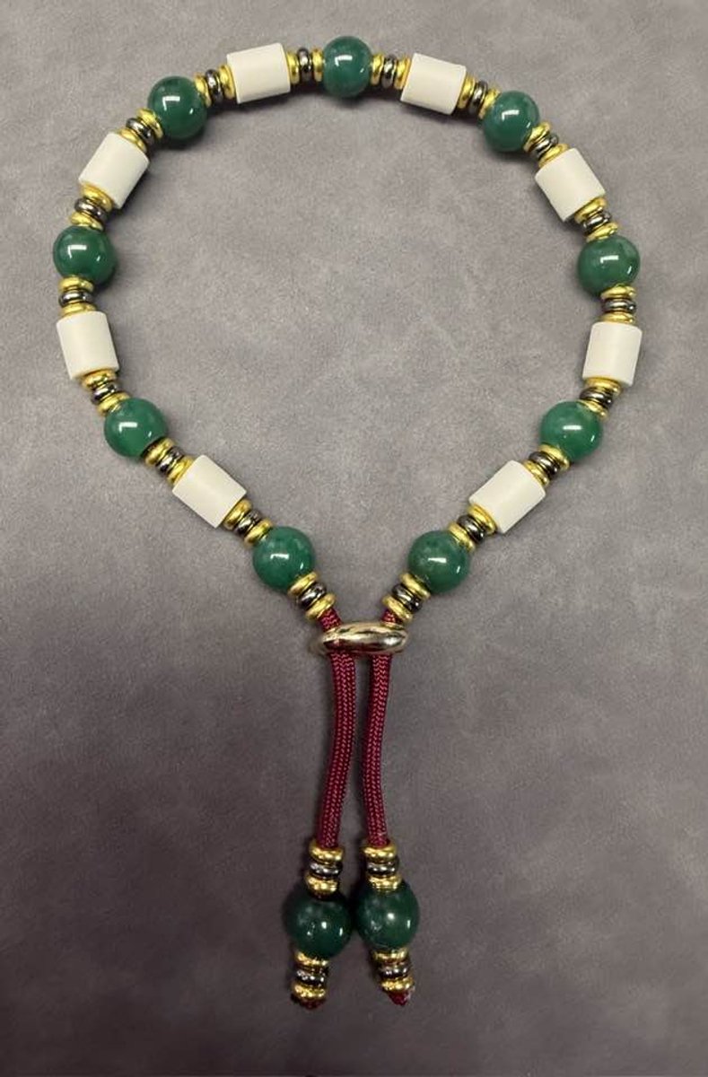 Anti-tekenband ketting - natuursteen - agaat groen - hond - groen - lengte 32 cm - nekomvang vanaf 30 tot en met 34 cm - originele EM-X kralen lichtgrijs - maat M - groen - met groene agaat natuurstenen