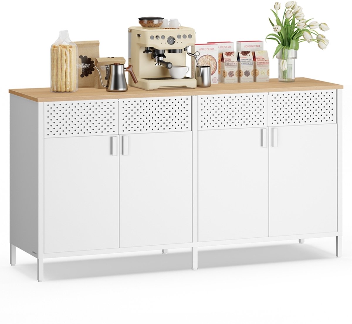 Opbergkast – 4 deuren – Wolkwit en eikenbeige – Stalen frame – Verstelbare plank – 40 x 141 x 76 cm