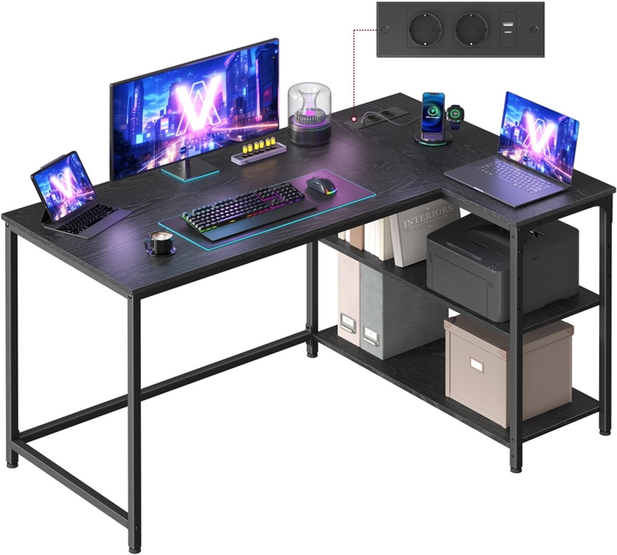 L-vormig hoekbureau – Met opbergruimte en hoogte verstelbare plank – 120 x 80 cm – Ebbenzwart