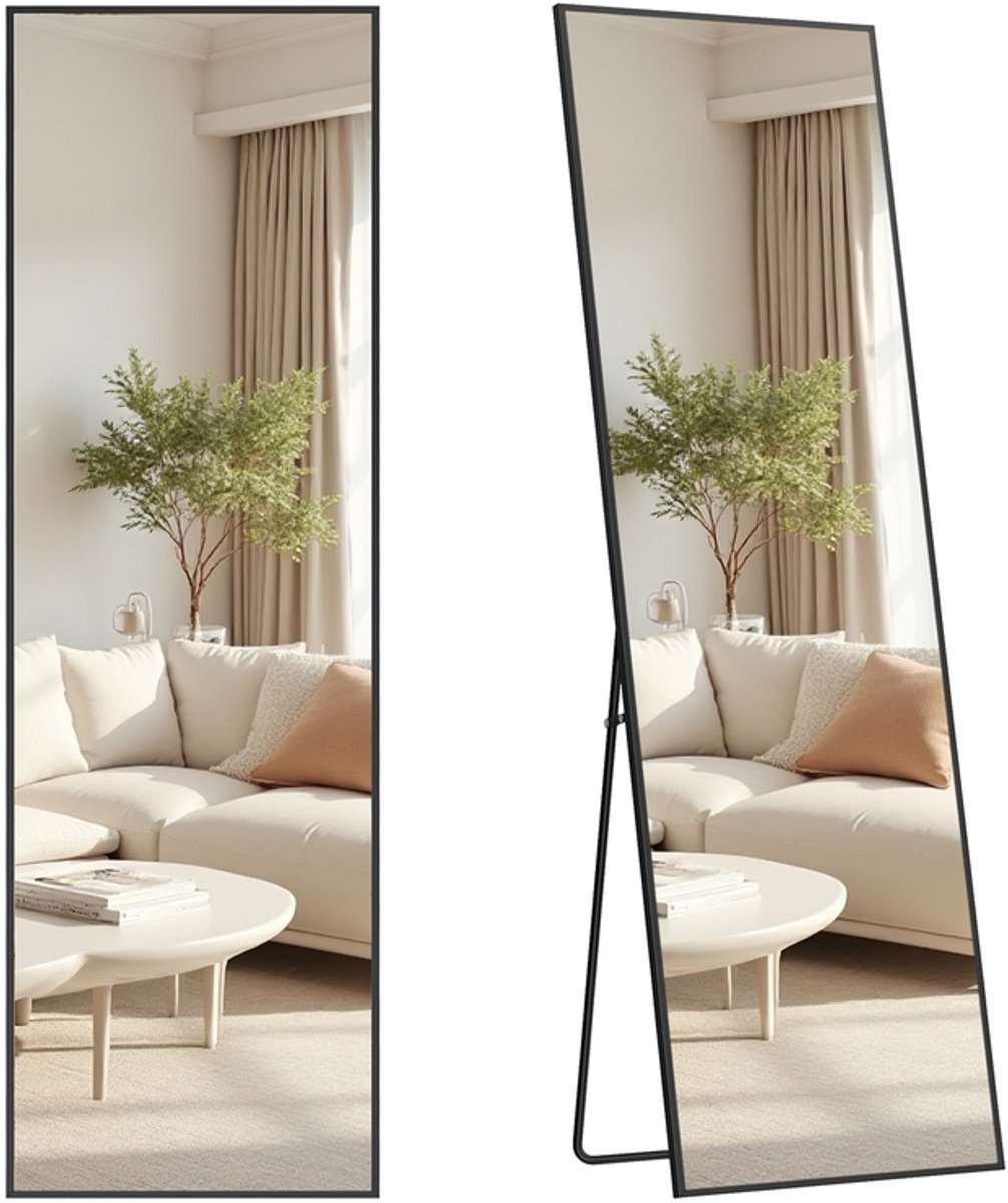Rechthoekige staande spiegel – 160 x 50 cm – Aluminiumlegering frame – Gehard glas – Inktzwart