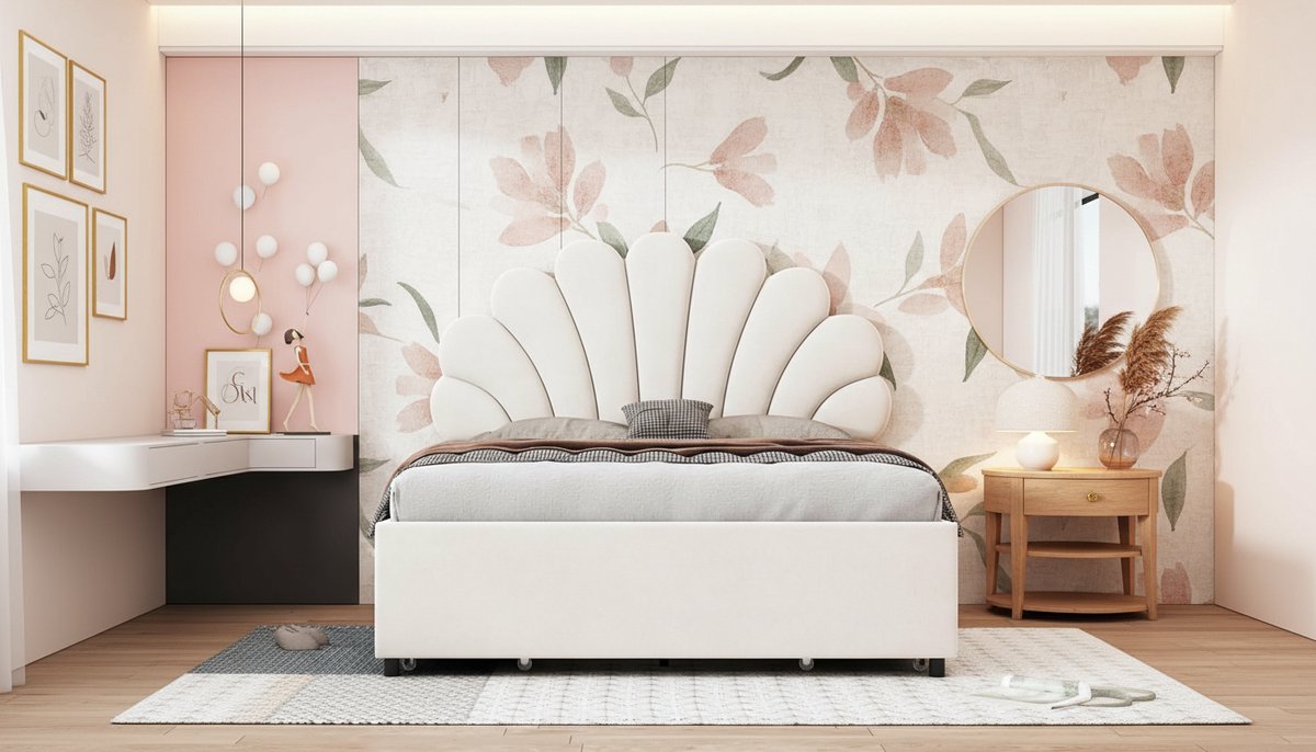 Tienerbed 140x200 cm met 4 Opbergladen – Casa Velluto Aurora Velvet Bed – Verstelbaar Hoofdeinde – Beige Fluweel – Houten Lattenbodem – Art Deco Tweepersoonsbed