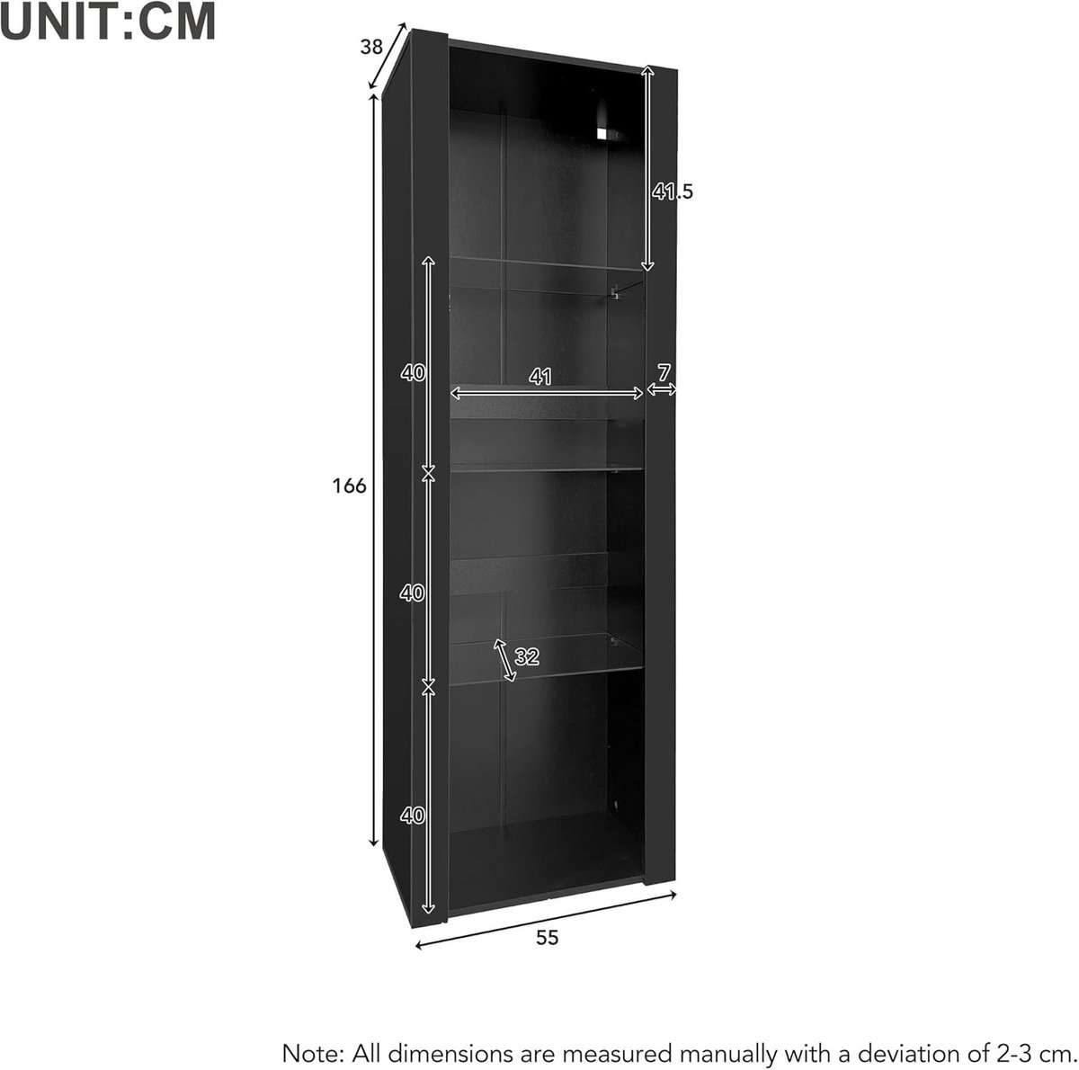 Glazen Vitrine met LED-verlichting – Casa Velluto “Noir Display” – 166 x 55 x 38 cm – 4 Etages, Hoogwaardige Collectieboekenkast, Woonkamermeubel, Servieskast, Open Planken, Zwart