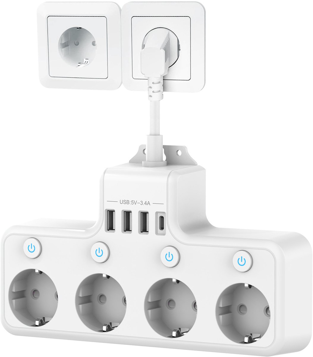 4-voudige stopcontactadapter, stekkerdoos met schakelaar, verdeelstopcontact, wandcontactdoosadapter, stekkerdoos met USB, individueel schakelbaar
