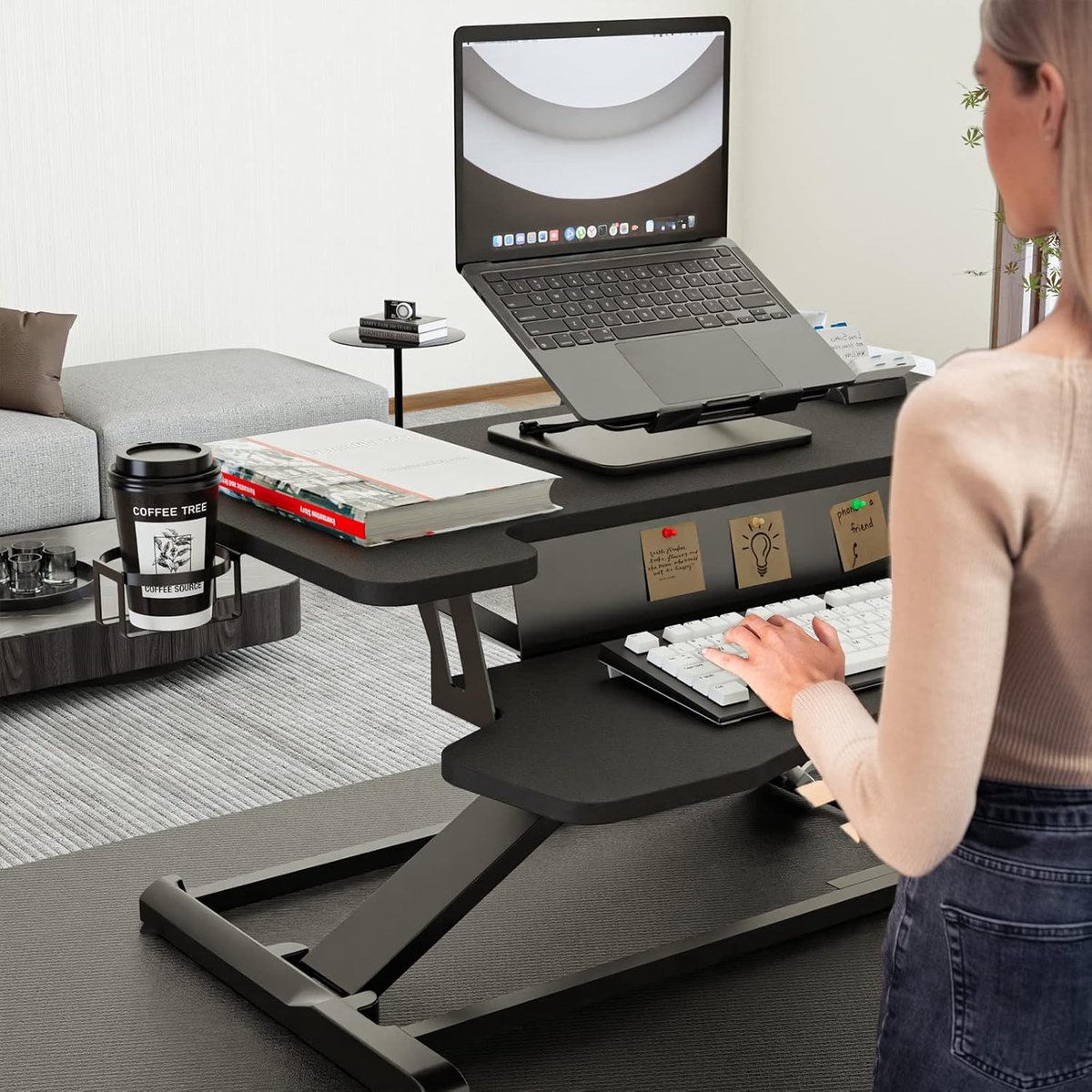 Sta Bureau Converter 80x42,8x50 cm – In Hoogte Verstelbaar Zit Sta Bureau met Toetsenbordplank, Bekerhouder & Notitiebord – Zwart – Abkantoor ErgoRise Pro
