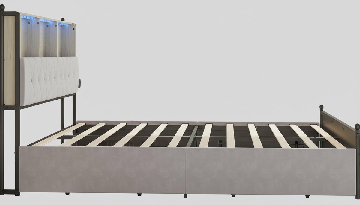 Gestoffeerd Tweepersoonsbed 180x200 cm Casa Velluto – Luxe Fluwelen Opbergbed met 4 Lades en Lattenbodem, Functioneel Bedframe voor Volwassenen en Jeugd, Beige E