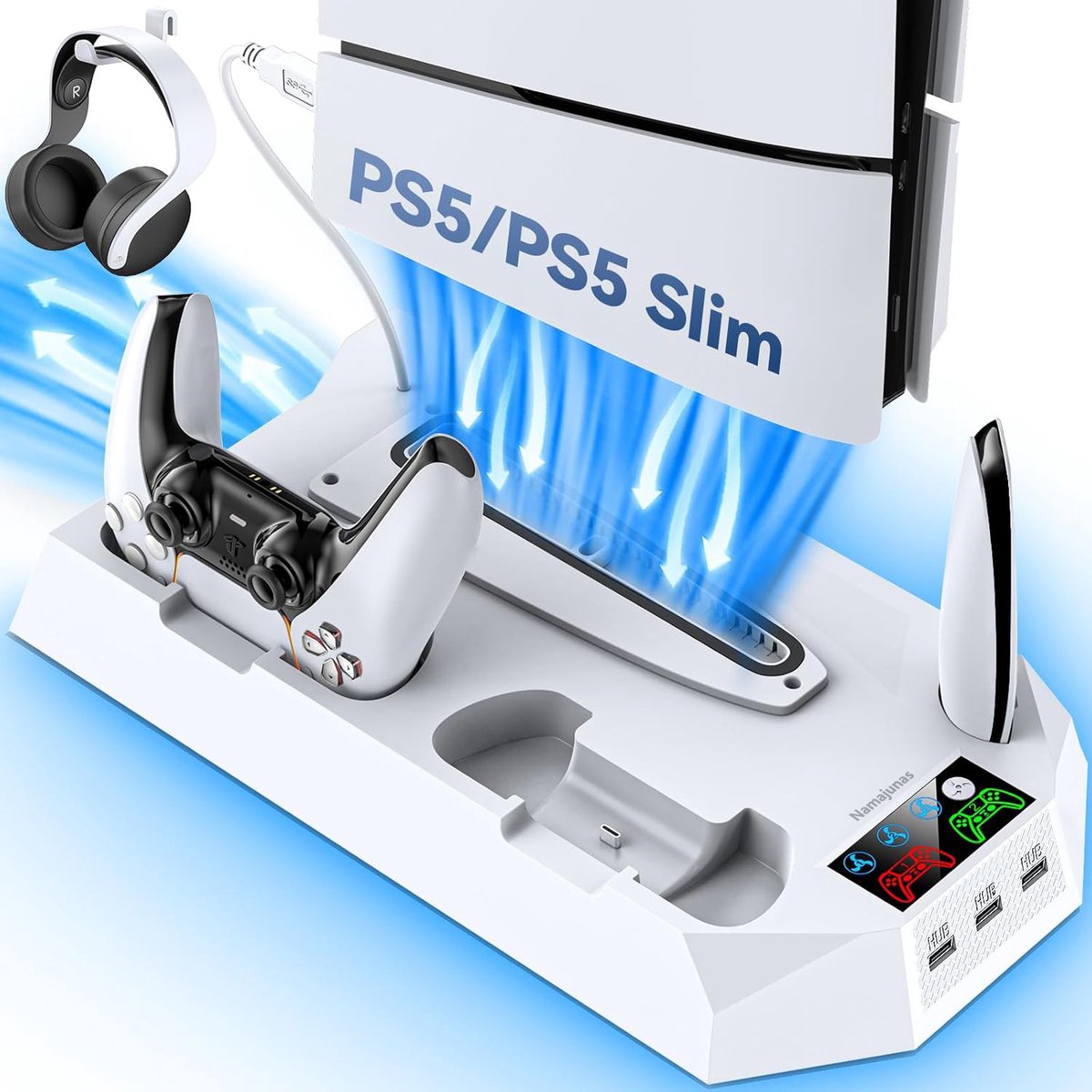 Namajunas - Verticale Standaard / Koelstation voor PS5 Slim / PS5 Pro - Geschikt voor Sony PlayStation 5, PS5 Disc, Digital, Slim, Pro - Accessoires - Docking Station met 3 USB Hubs - 3 Niveaus Koelventilator - Hoofdtelefoon Houder