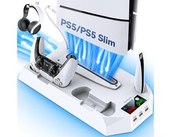Namajunas - Verticale Standaard / Koelstation voor PS5 Slim / PS5 Pro - Geschikt voor Sony PlayStation 5, PS5 Disc, Digital, Slim, Pro - Accessoires - Docking Station met 3 USB Hubs - 3 Niveaus Koelventilator - Hoofdtelefoon Houder