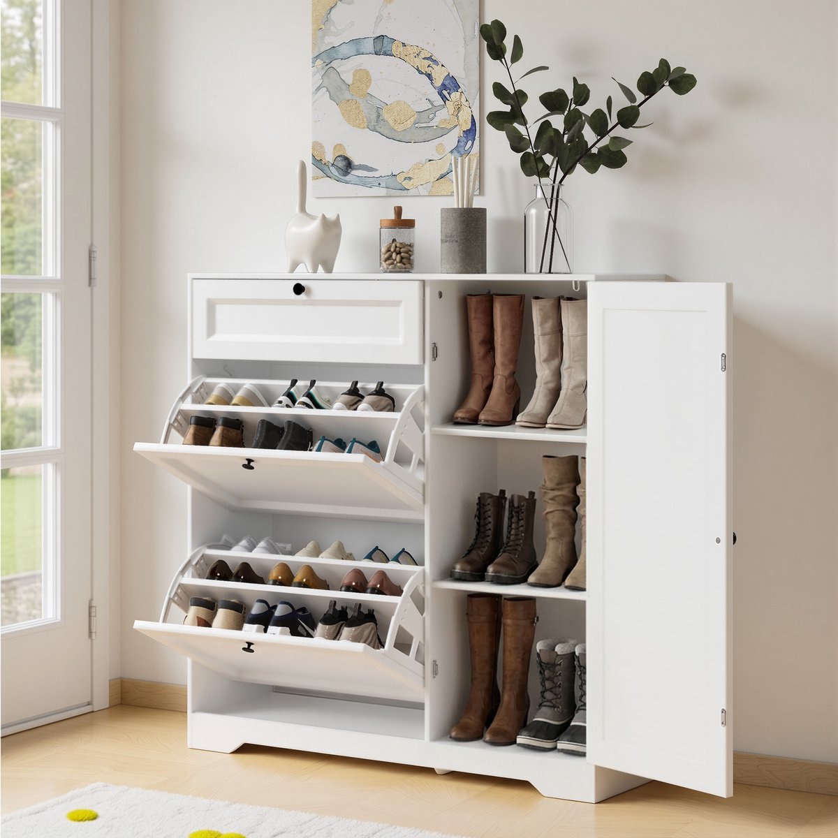 Xbro Schoenenkast met 2 Klapdeuren en 1 Lades – Dubbele Diepte – Modern Schoenenrek met Bovenplank – Voor Hal & Slaapkamer – 100 x 30 x 104 cm – Wit