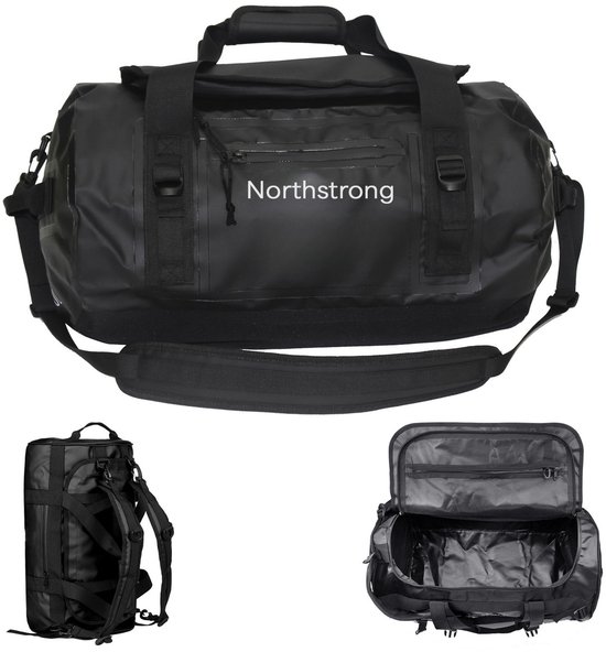 Zwarte Northstrong duffelbag, 60L, met rugzakbanden en open vak. Toont de tas van voren, zijkant en open.