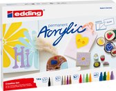 Verpakking van de edding acrylmarker set. Met voorbeelden van kunstwerken op doek, papier, steen en hout.