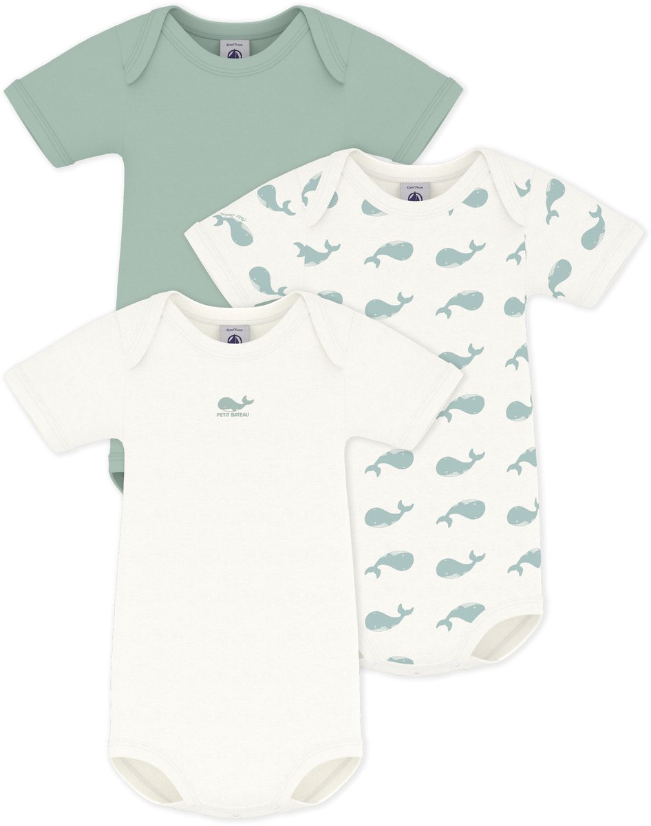 Petit Bateau Setje van katoenen body's met korte mouwen en walvisprint Unisex Rompertje - Wit/Groen + Blauw + Wit/Blauw
