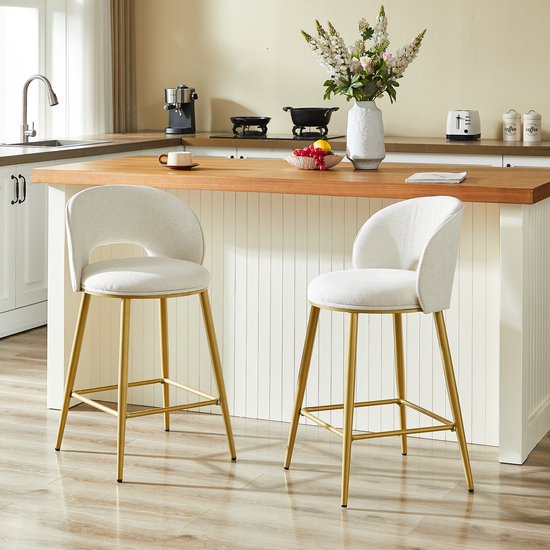 OKWISH Ensemble De 2 Tabourets De Bar - Avec Dossier Ouvert Et Repose-Pieds - Revêtement Confortable - Îlot De Cuisine Et Bar - Tissu - Beige