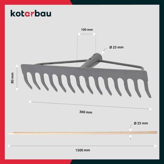 KOTARBAU® Tuinhark, Gazonhark, Bladhark, Metaal, 36 cm, Grijs & Naturel, Tuinhark voor Gazon, Met Houten Steel, 14 Tanden, Stevige Hark, Waaierbezem, Robuust Tuingereedschap van Merkloos	 — afbeelding 2