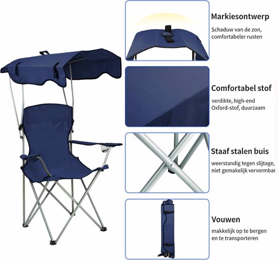 Meedeer Opvouwbare campingstoel met dak-Strandstoelen met parasol voor buiten-Bekerhouder-Draagbaar- Visstoel voor camping, vissen, uitstapjes, strand (blauw) — afbeelding 5