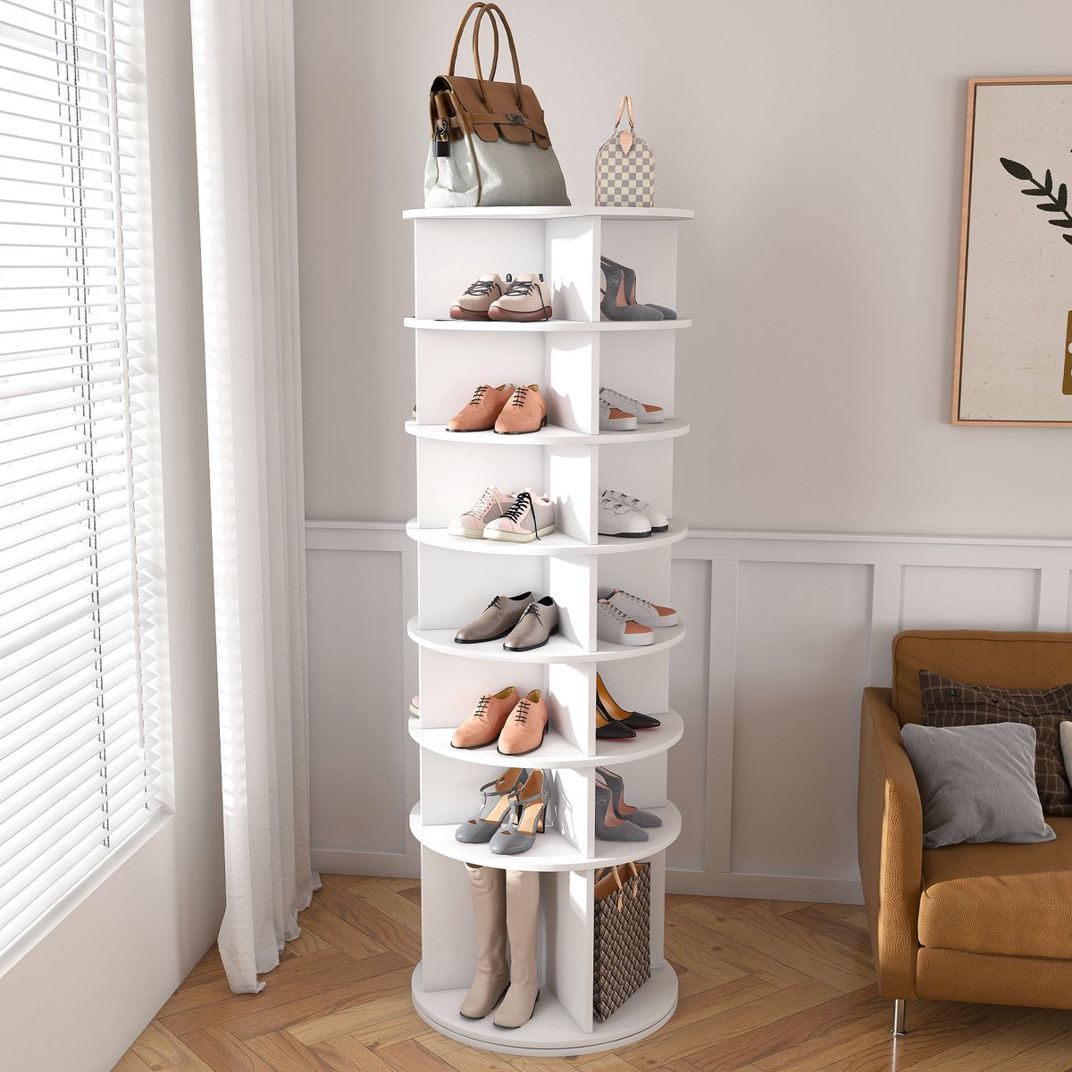 HAUSS SPOLE Schoenenrek - Draaibare Schoenentoren Met 7 Niveaus - Vrijstaand Voor Hal En Slaapkamer - PVC - Wit - 60x60x184 Cm