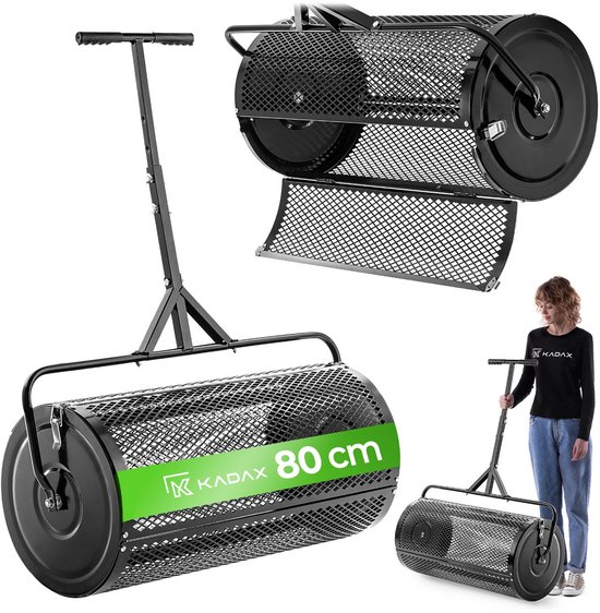 Distributeur KADAX avec un large tambour perforé, une poignée en T et un distributeur plus petit au-dessus. Femme avec le produit.