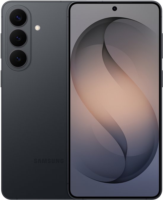 Zwarte Samsung Galaxy S26+ smartphone, voor- en achterkant met drie camera's.