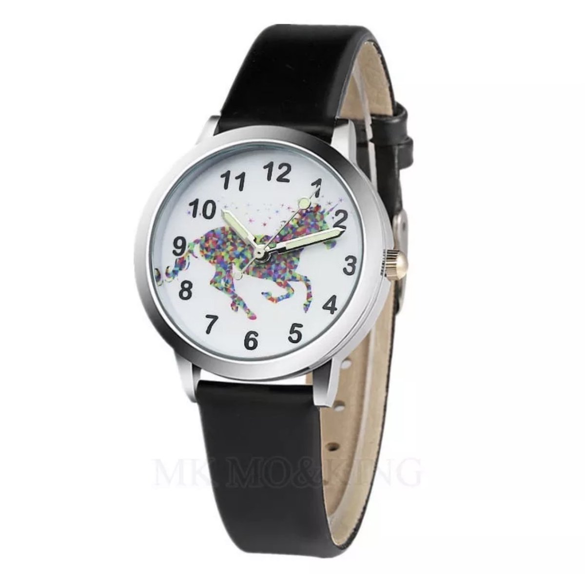 12Getit Kinder horloge zwart met paarden afbeelding en leer bandje