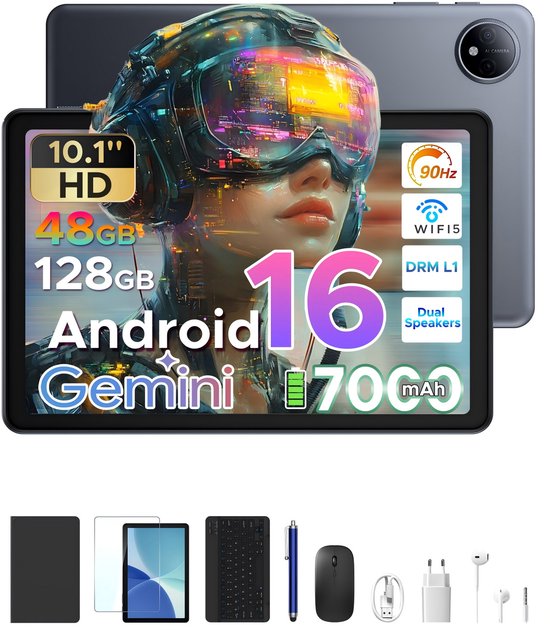 POCKAM P10 TAB - Tablet - 10,1 inch HD 90 Hz IPS - Android 16 - 48 GB RAM (8+40 GB) + 128 GB ROM - 7000 mAh - Quad-Core T310 - Dubbele luidsprekers - Volledige accessoirebundel met toetsenbord en stylus