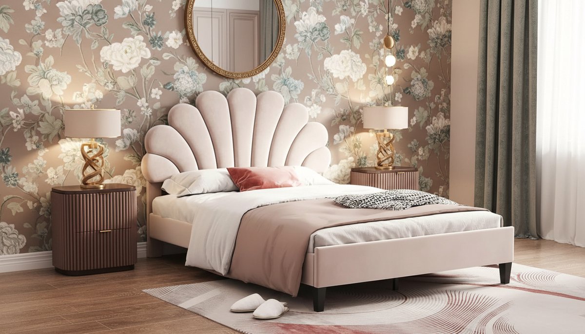 Gestoffeerd Bed 140x200 cm – Casa Velluto Aurora Velvet Kinder- en Tienerbed – Bloemvormig Hoofdeinde – Inclusief Lattenbodem – Huidvriendelijk Fluweel – Beige Platformbed