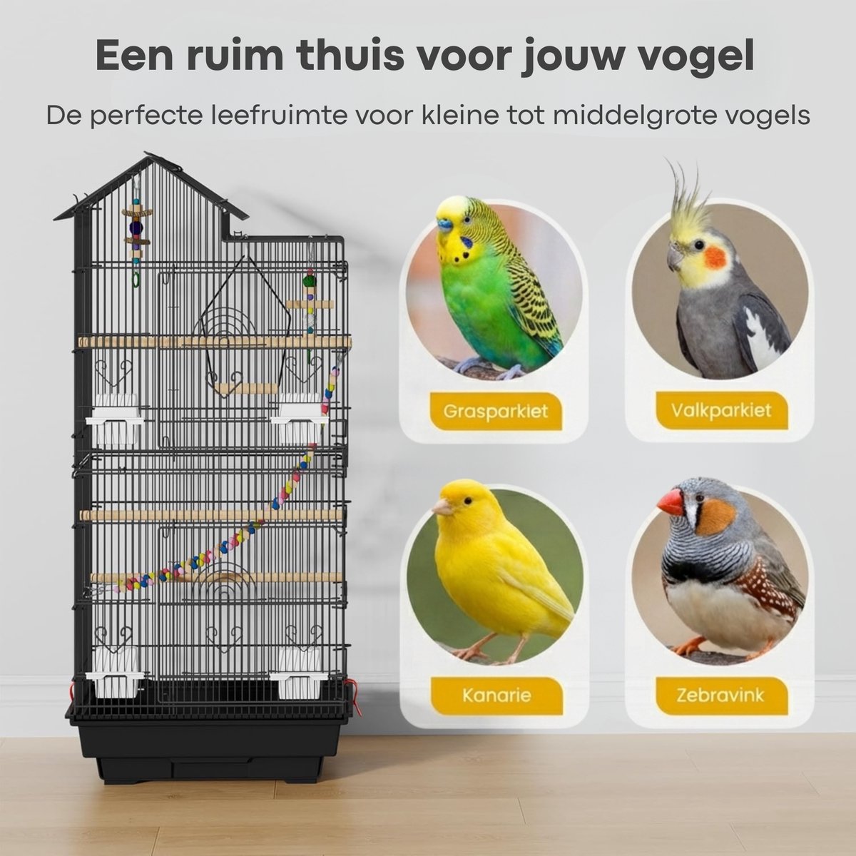 Pawmate Vogelkooi Zwart - Vogelkooi voor Binnen Inclusief Speelgoed - Compacte Voliere - Open Dak - 89x44x35 cm - Tafelmodel zonder Onderstel thumbnail 4