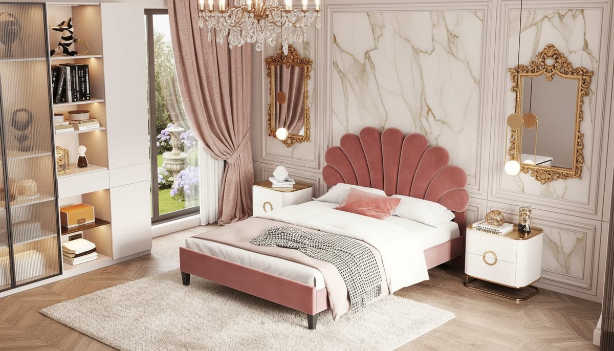 Gestoffeerd Bed 140x200 cm – Casa Velluto Fiora Velvet Kinder- & Tienerbed – Bloemvormig Hoofdeinde – Inclusief Lattenbodem – Rood Velours – Tweepersoons Bedframe