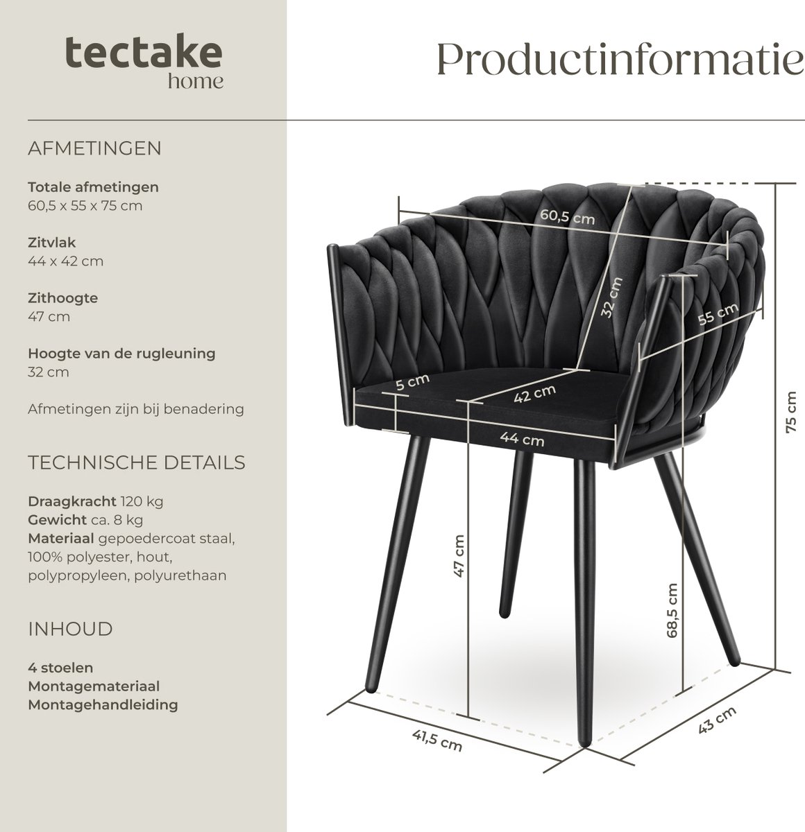 tectake® Set van 4 Fluwelen eetkamerstoelen - Kuipstoel met armleuning in knooplook - Eetkamerstoel - Moderne stoel voor woonkamer en eetkamer - Keukenstoel - Kaptafelstoel - Slaapkamerstoel - Diverse kleuren - Zwart – foto 8