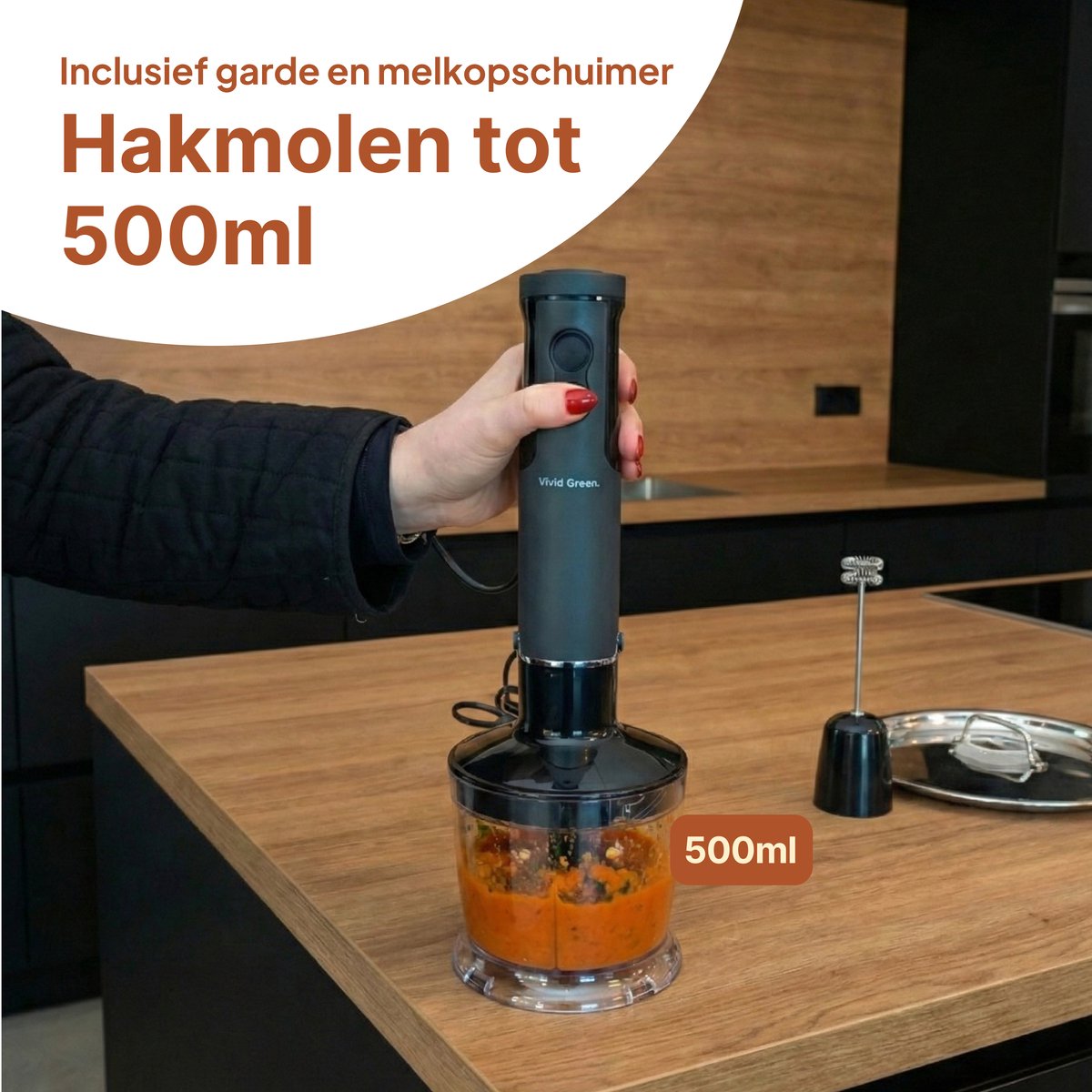 Staafmixer 5-in-1 Set - 1000W - Vaatwasserbestendig - Incl. Hakmolen, garde, melkopschuimer & Maatbeker - 12 Snelheden + Turbofunctie - Zwart - Vivid Green – foto 6