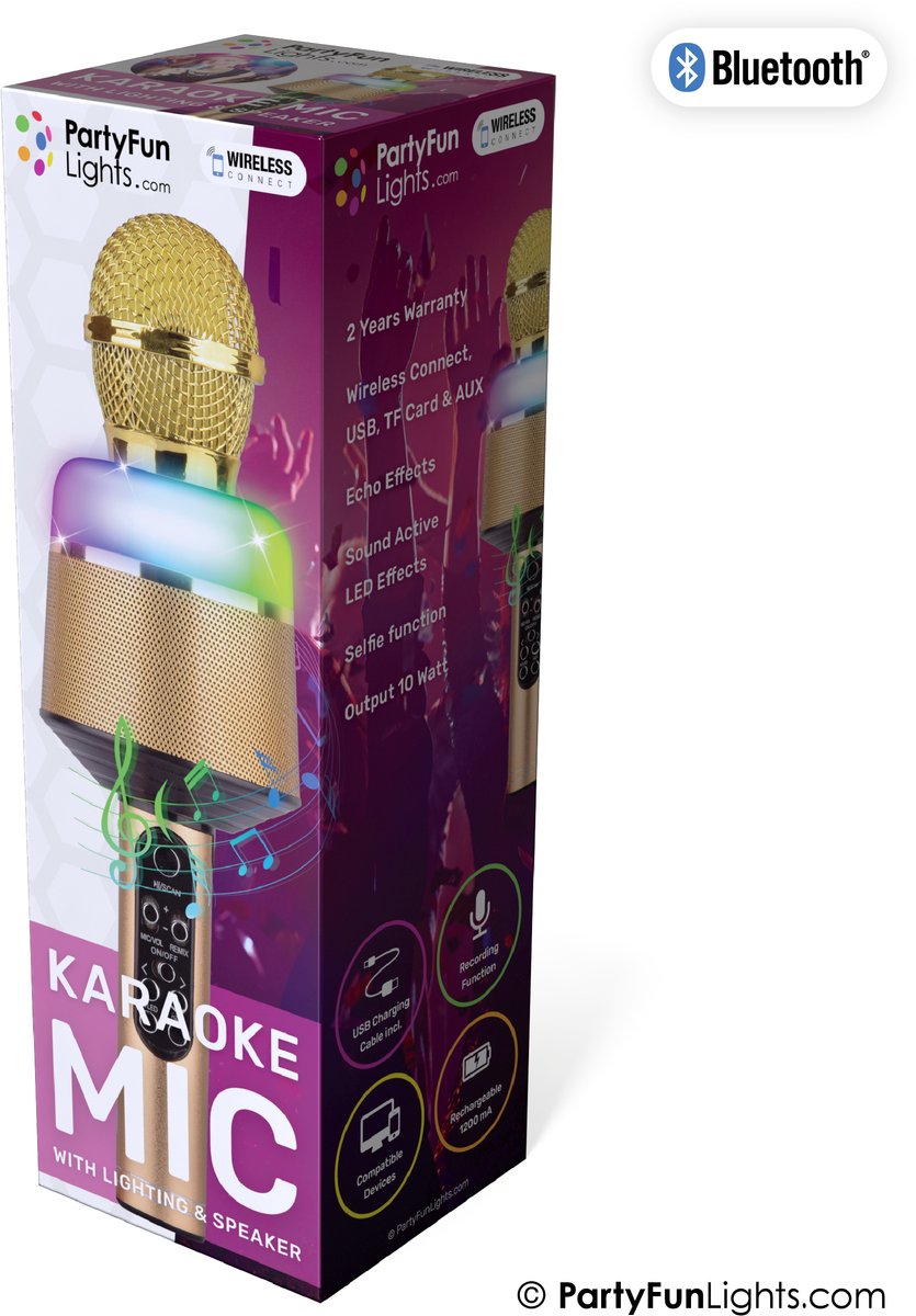 Bluetooth - Goud - Karaoke Set - Voor Kinderen en Volwassenen - Draadloos - Echo - Met Speaker - LED Licht - Nederlandse Handleiding — cadeau in Gadgets - foto 4