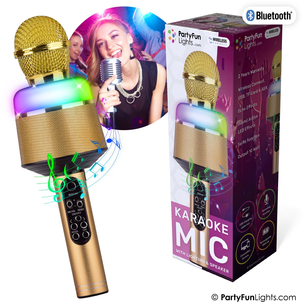 Bluetooth - Goud - Karaoke Set - Voor Kinderen en Volwassenen - Draadloos - Echo - Met Speaker - LED Licht - Nederlandse Handleiding — cadeau in Gadgets - foto 3
