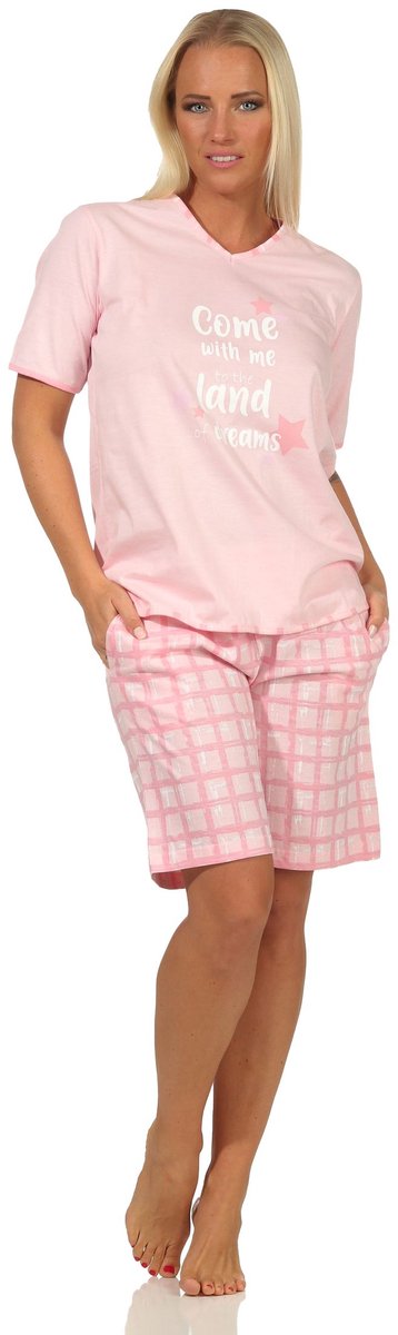 Normann Dames pyjama shorty met korte mouwen en geruite jersey broek - ook verkrijgbaar in oversize rosa