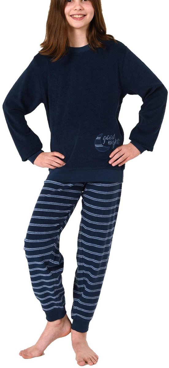 Normann Meisjespyjama in badstof met lange mouwen en gestreepte broek - 212 401 13 800 navy