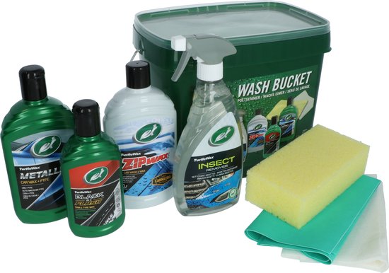 Turtle Wax set met emmer, spons en poetsdoeken. Inclusief Metallic, Black in a Flash, Zip Wax en Insect Remover.