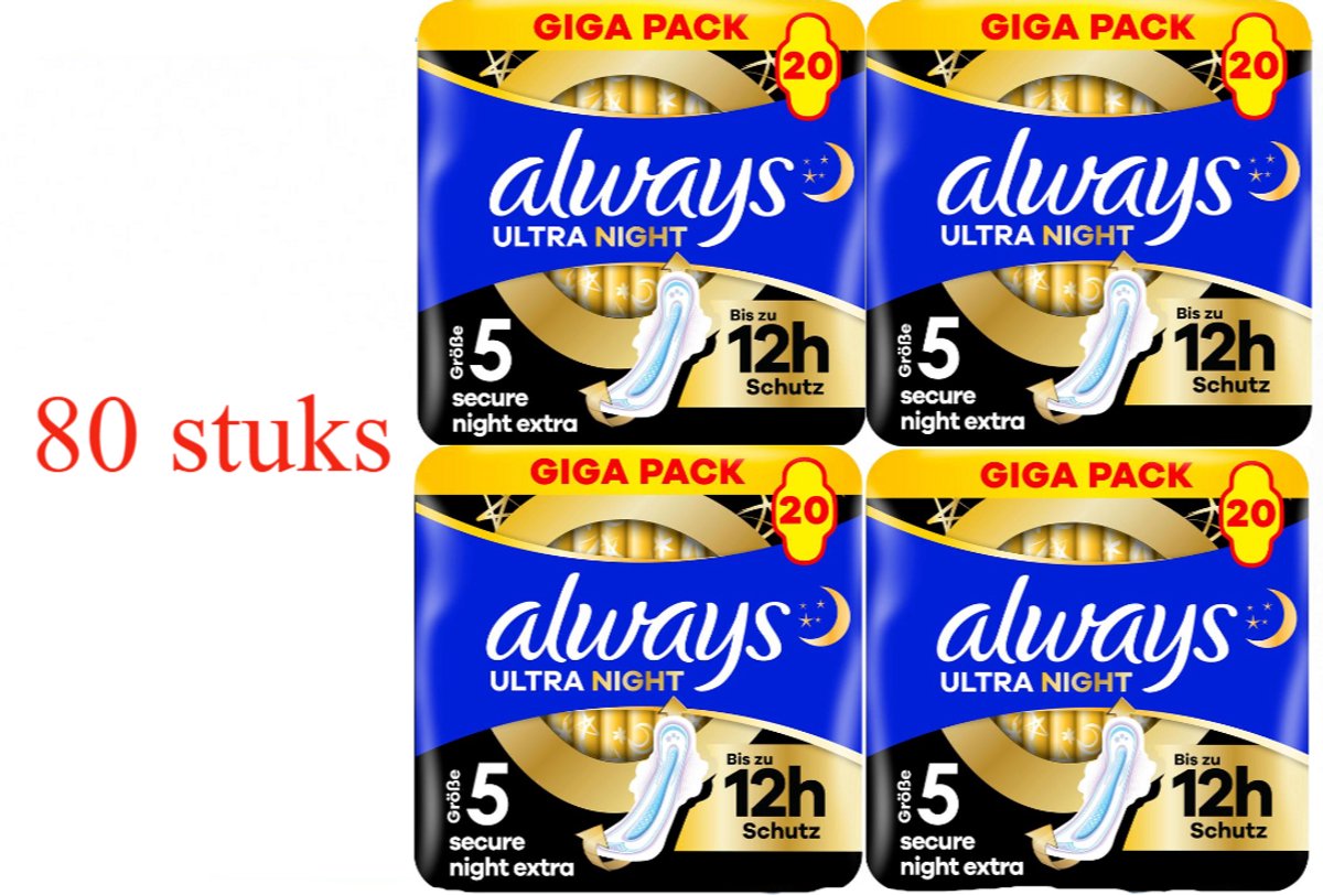 Always Ultra Secure Night Extra - Maat 5 - Maandverband Met Vleugels - Voordeelbox 80 stuks