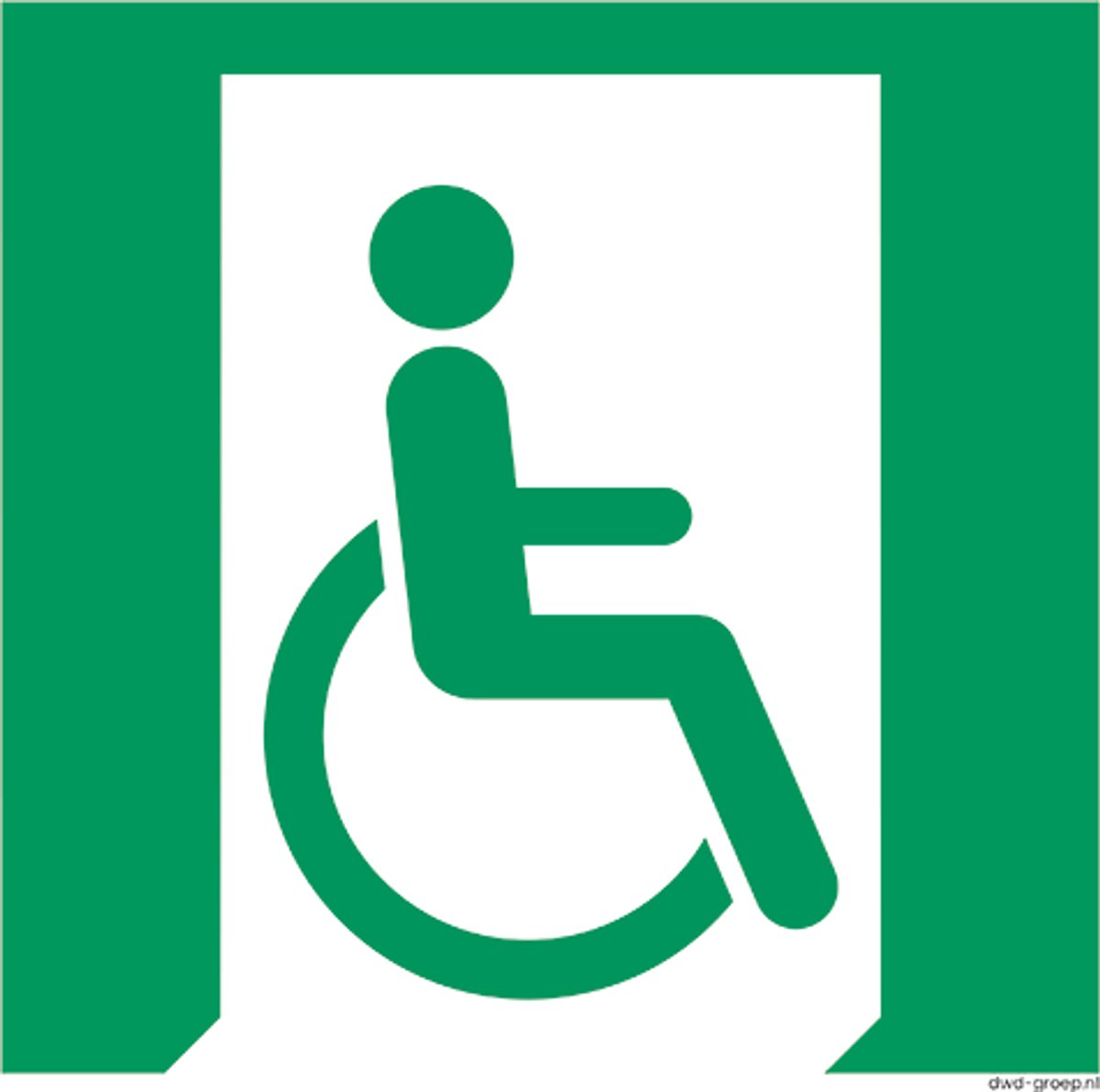 Noodpictogram Nooduitgang Invaliden (Rechts) Sticker E030 – 200x200 mm – NEN 3011 / ISO 7010