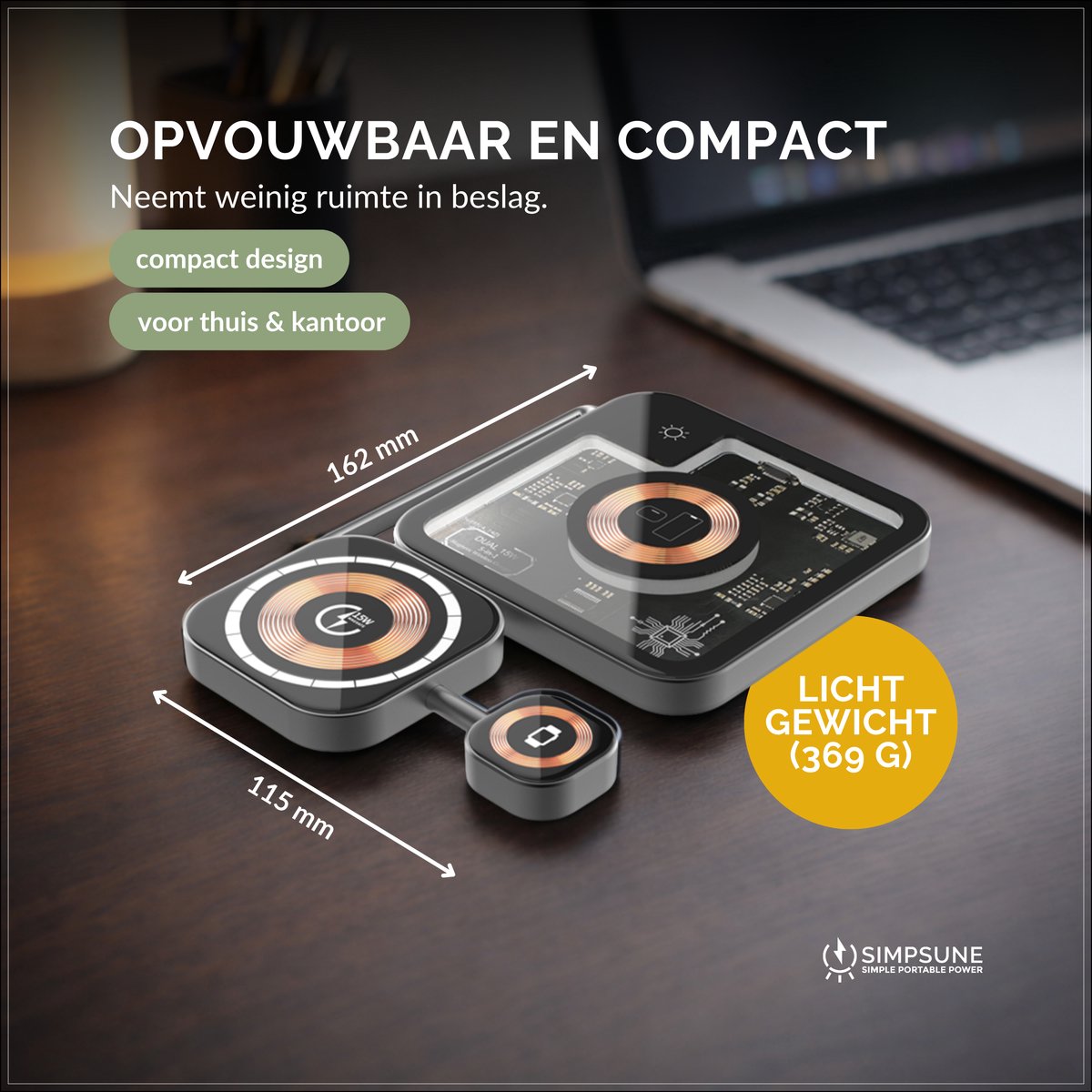 SimpSune 3 in 1 draadloze oplader – geschikt voor Apple Watch oplader – Wireless Charger oplaadstation geschikt voor MagSafe‑smartphones, Apple Watch & AirPods – verstelbaar dock van premium metaal & glas voor bureau & nachtkastje — cadeau in Gadgets - foto 4