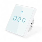 Witte touch lichtschakelaar met 3 blauwe cirkels en WiFi-symbool. Glazen paneel.