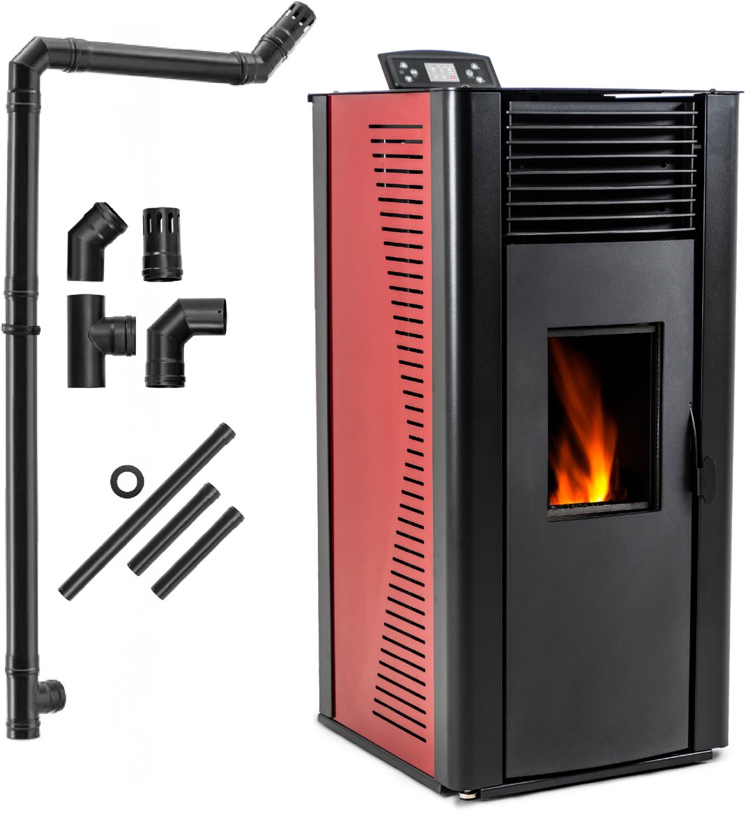 THUNDER Pelletkachel - Vrijstaand met watermantel - 12 kW - WiFi - 25 kg reservoir - THUNDER VAYNE-RED