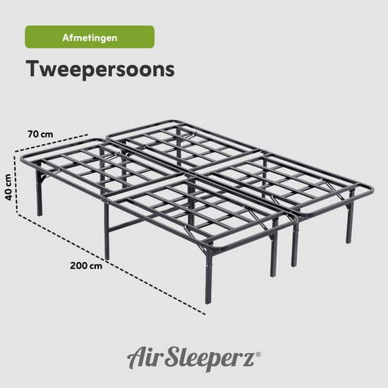 Afmetingen van het 2-persoons bedframe: 70 cm breed, 40 cm hoog, 200 cm lang.