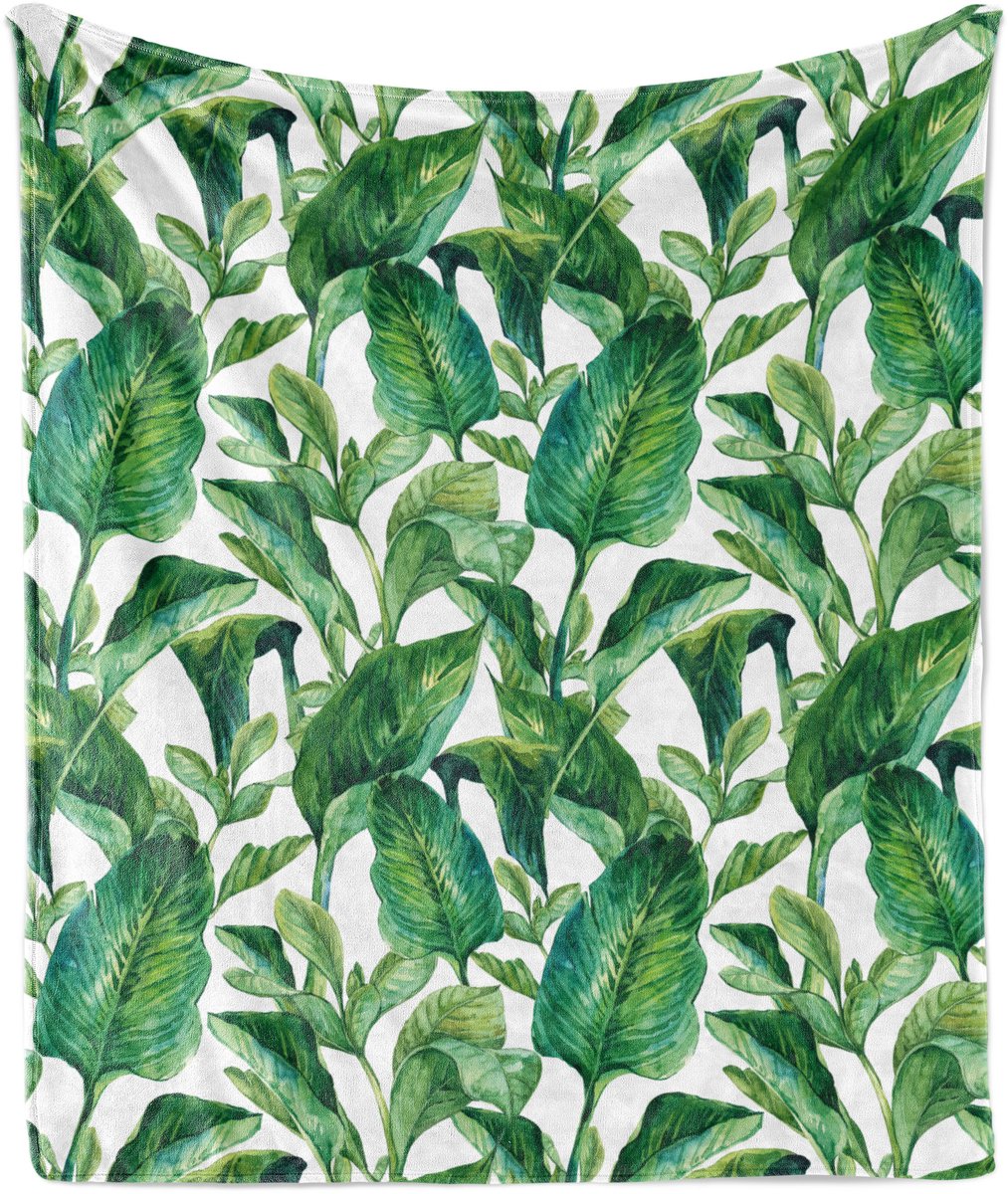 ABAKUHAUS Zachte flanellen fleece deken met plantenmotief, equatoriale bladeren, knusse pluche plaid, 175 x 230 cm, jadegroen