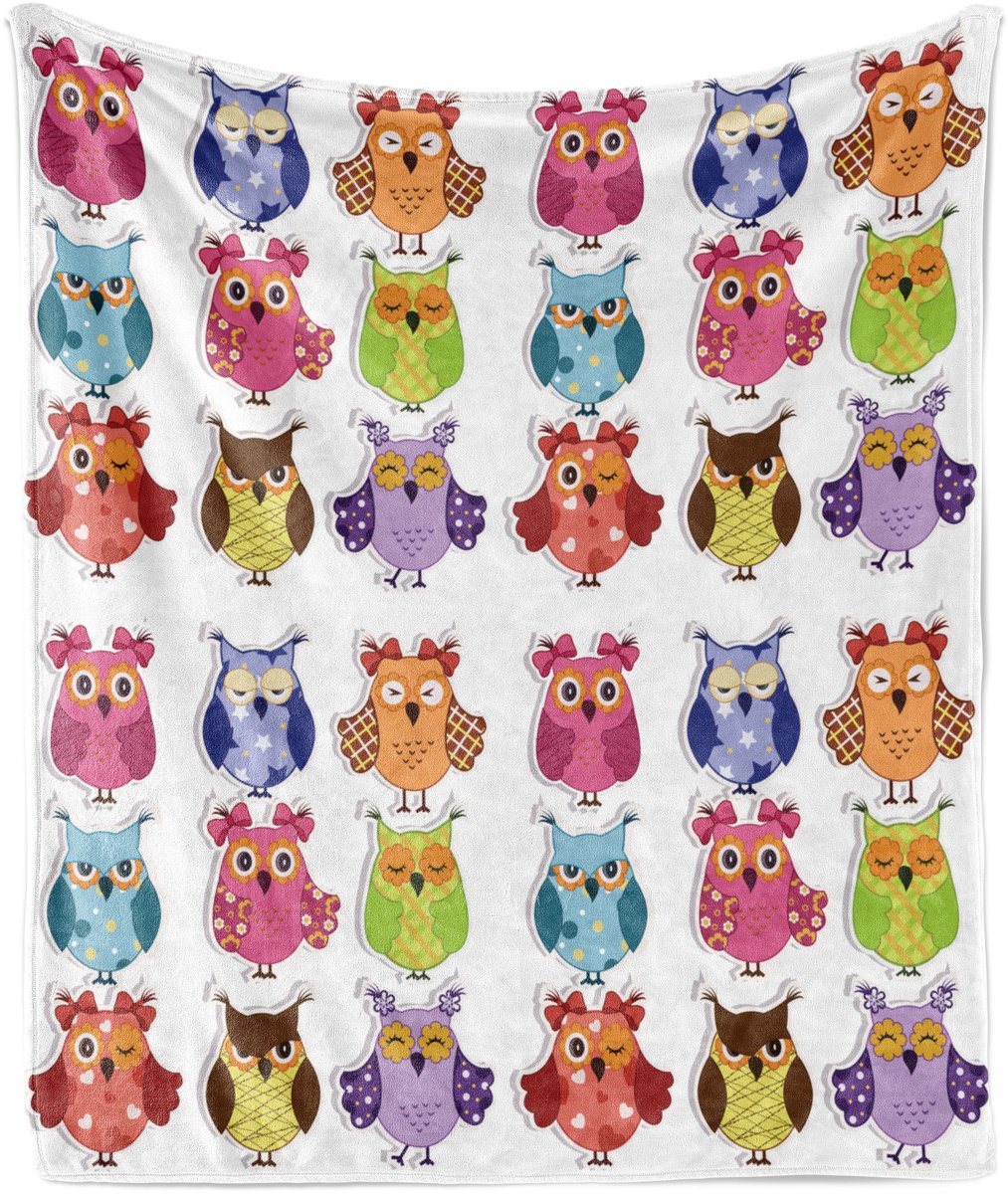 ABAKUHAUS Kleuterschool Zachte Flanellen Fleece Deken, Cartoon Uilen Emoties, Gezellige Pluche Plaid, 175 x 230 cm, Wit Meerkleurig