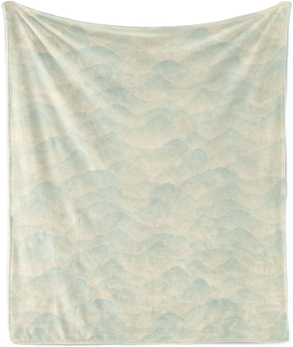 ABAKUHAUS Abstracte zachte flanellen fleece deken, berglandschap kunst, knusse pluche plaid, 125 x 175 cm, gebroken wit en licht saliegroen