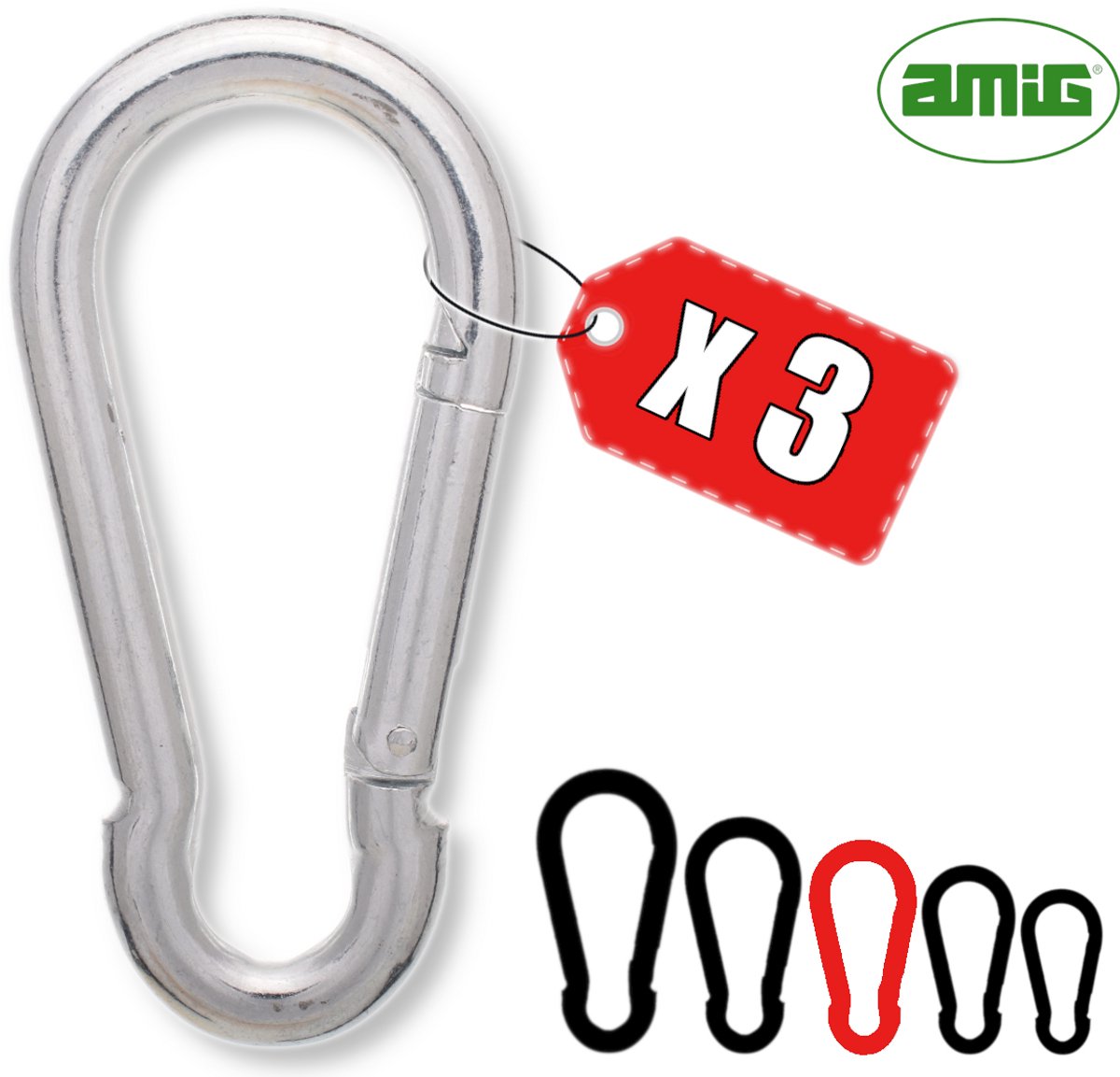 AMIG Karabijnhaak 7x70mm Verzinkt Staal Veersluiting Sleutelhanger Carabiner Stevig Set - 3 Stuks